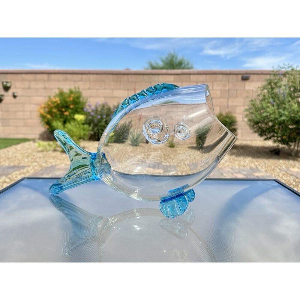 Vintage MCM Blenko Art Glass Fish Shape Sculpture Vase Bowl Clear Aqua Blue 14"